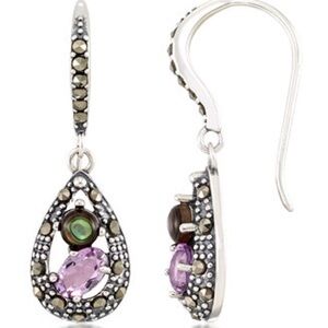 Genuine Amethyst and Abalone Sterling Silver teardrop-shaped dangle earrings